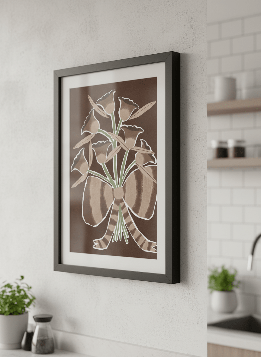 Artwork styled on the wall of a bright modern kitchen