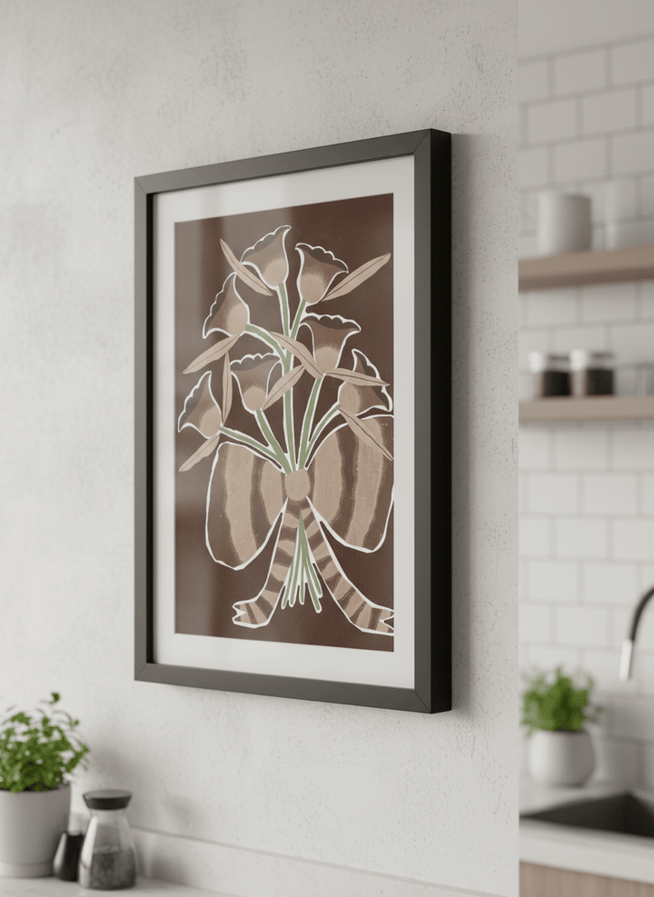 Artwork styled on the wall of a bright modern kitchen