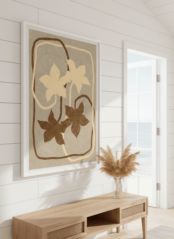 Neutral wall art displayed in a sunny coastal beach house