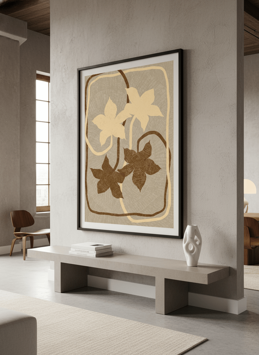 Monumental artwork centred on a feature wall in a luxe interior