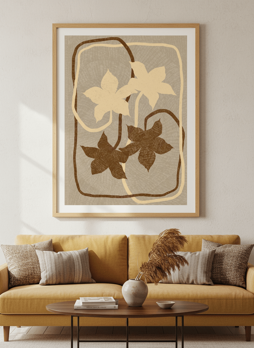 Modern wall art styled above a sofa in a neutral living room