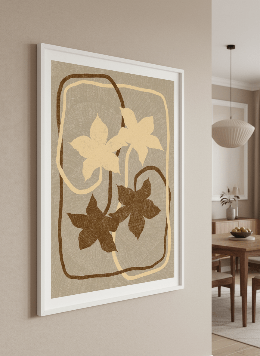 Wall art styled above a dining table in a contemporary home