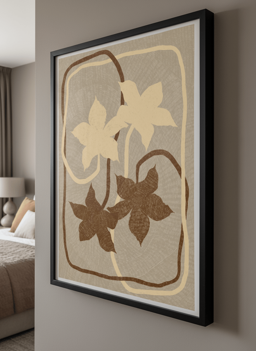 Minimalist artwork displayed in a calm, light-filled bedroom interior