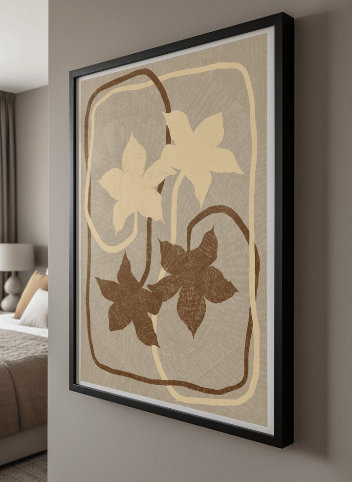 Minimalist artwork displayed in a calm, light-filled bedroom interior
