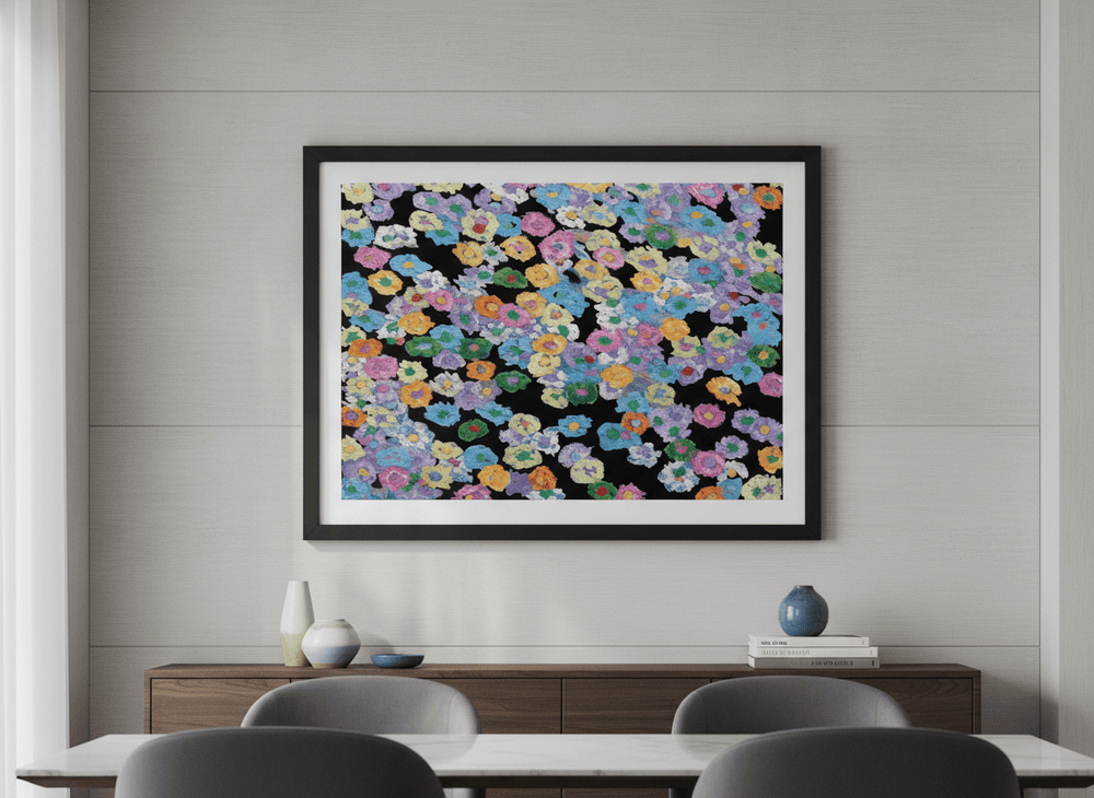 Wall art styled above a dining table in a contemporary home