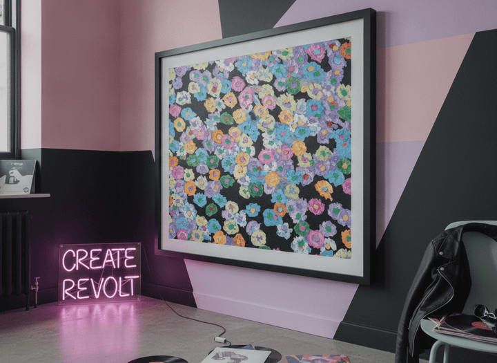 Bold wall art styled in a colourful, eclectic modern home