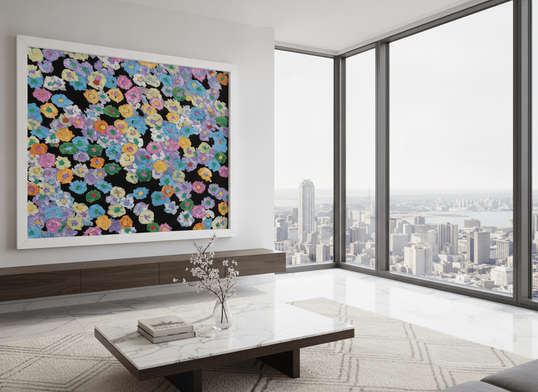Monumental artwork centred on a feature wall in a luxe interior