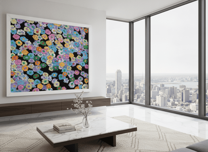 Monumental artwork centred on a feature wall in a luxe interior