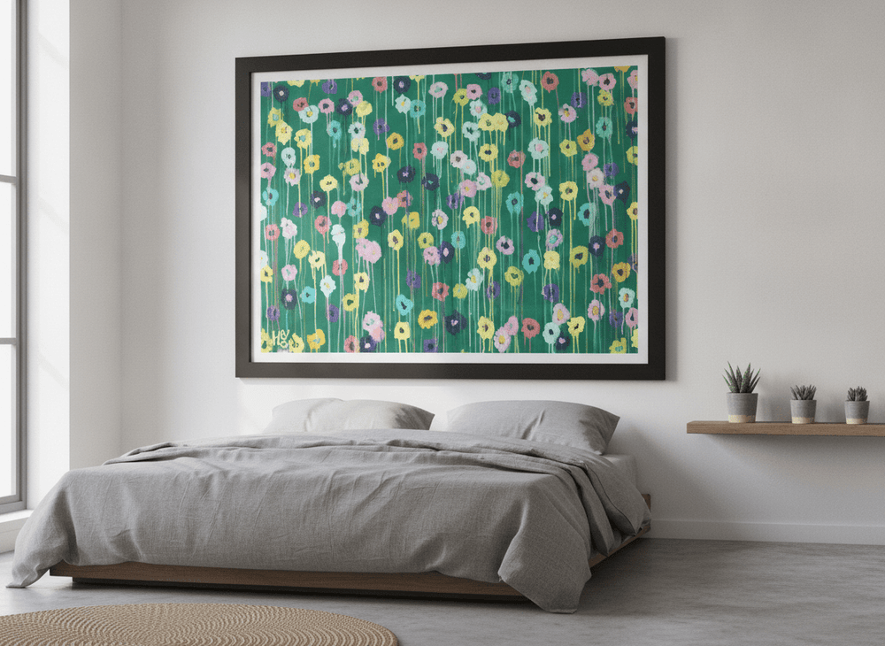 Minimalist artwork displayed in a calm, light-filled bedroom interior