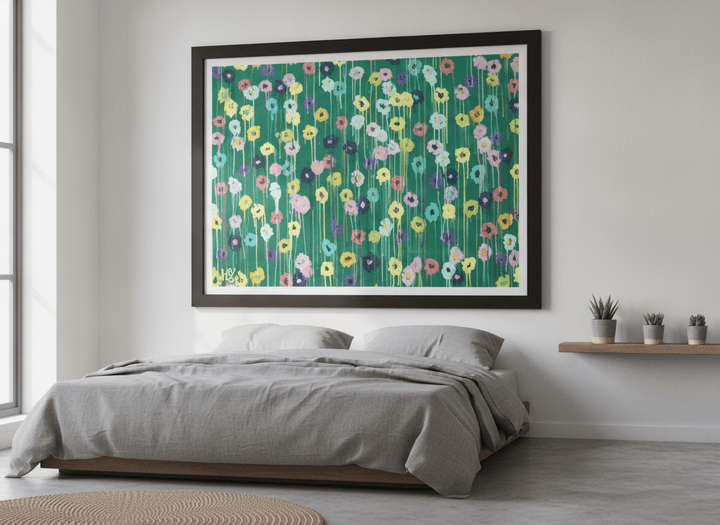 Minimalist artwork displayed in a calm, light-filled bedroom interior