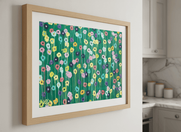 Artwork styled on the wall of a bright modern kitchen