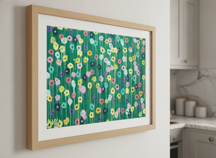 Artwork styled on the wall of a bright modern kitchen