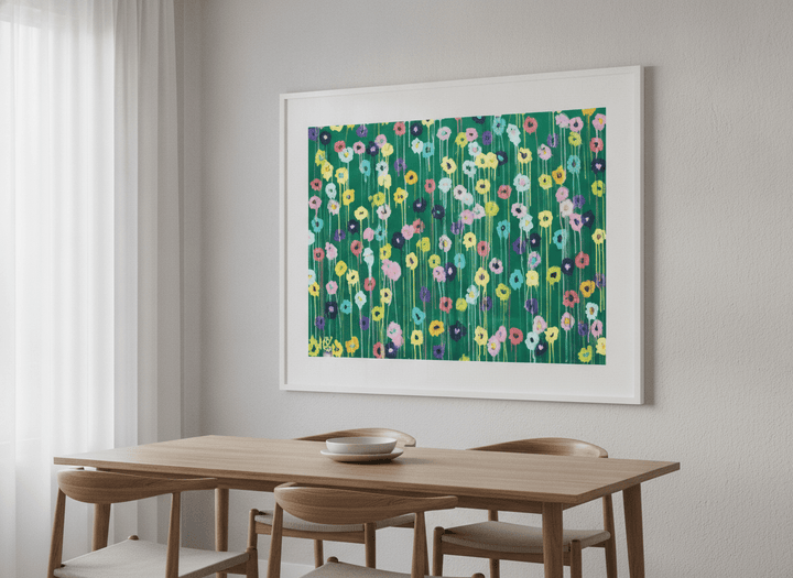 Wall art styled above a dining table in a contemporary home