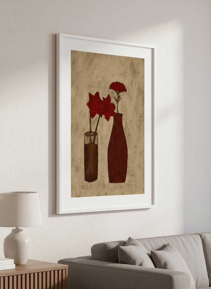 Modern wall art styled above a sofa in a neutral living room