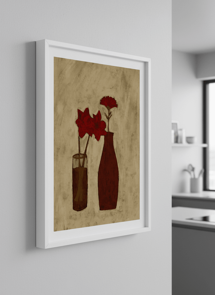 Artwork styled on the wall of a bright modern kitchen