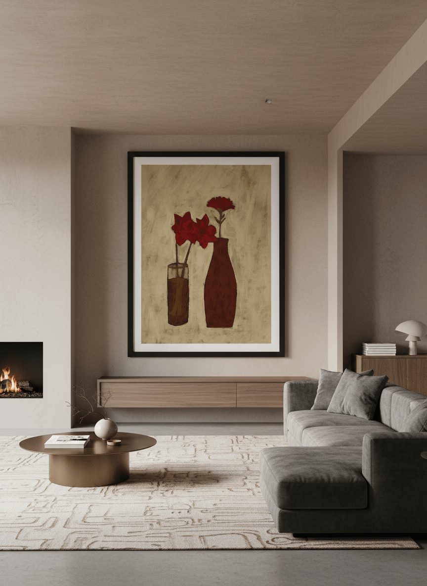 Monumental artwork centred on a feature wall in a luxe interior