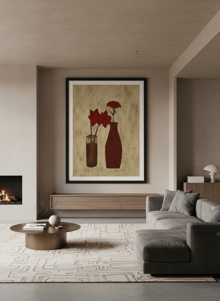 Monumental artwork centred on a feature wall in a luxe interior