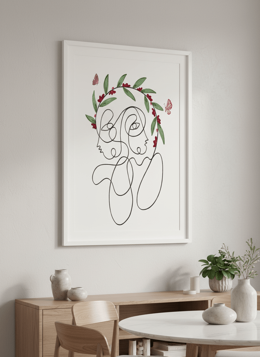 Wall art styled above a dining table in a contemporary home
