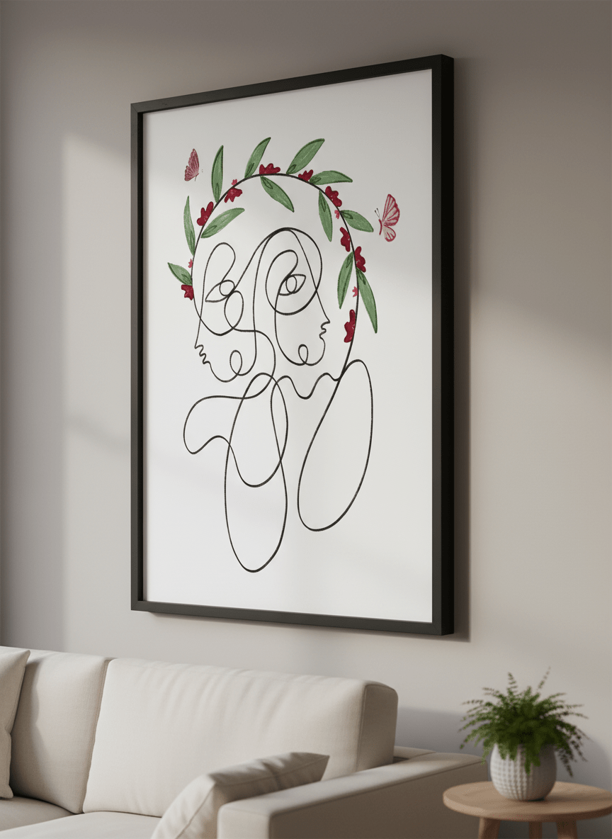 Modern wall art styled above a sofa in a neutral living room