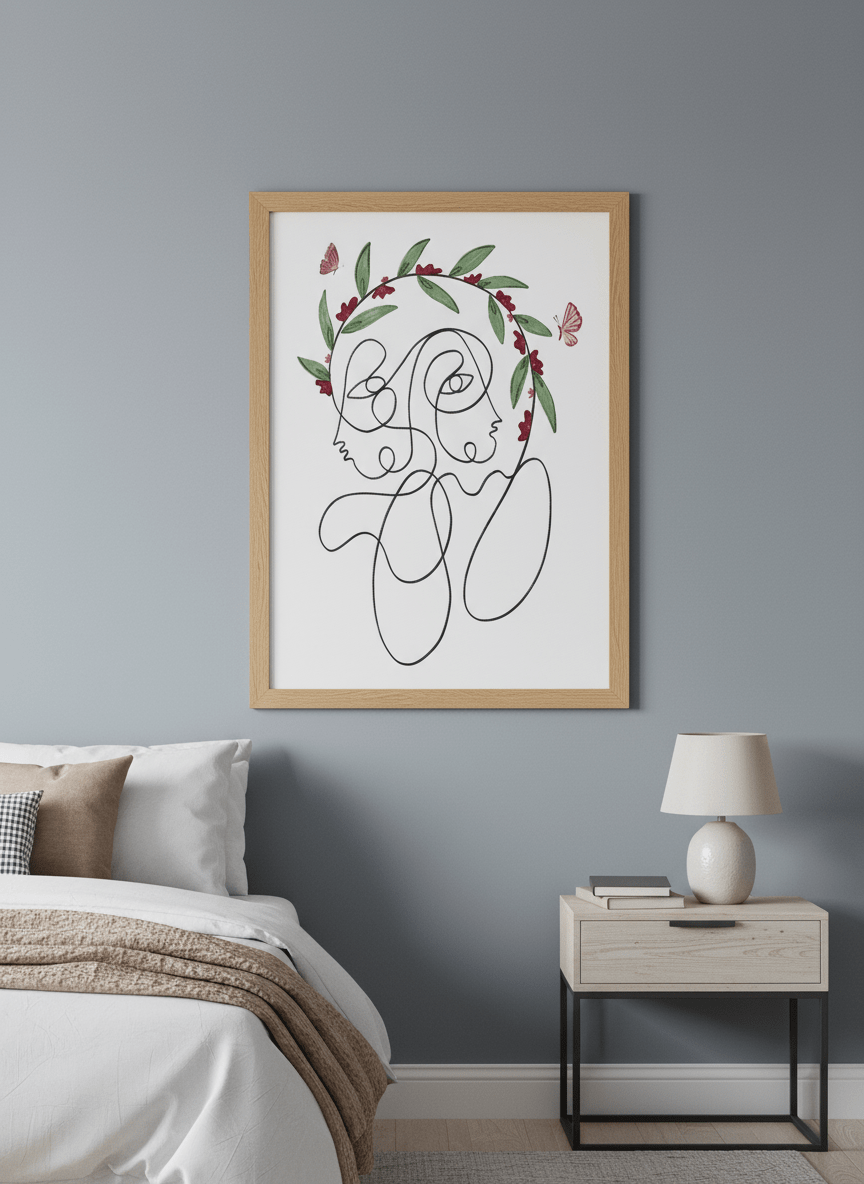 Minimalist artwork displayed in a calm, light-filled bedroom interior