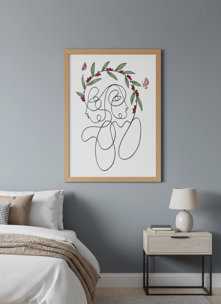 Minimalist artwork displayed in a calm, light-filled bedroom interior