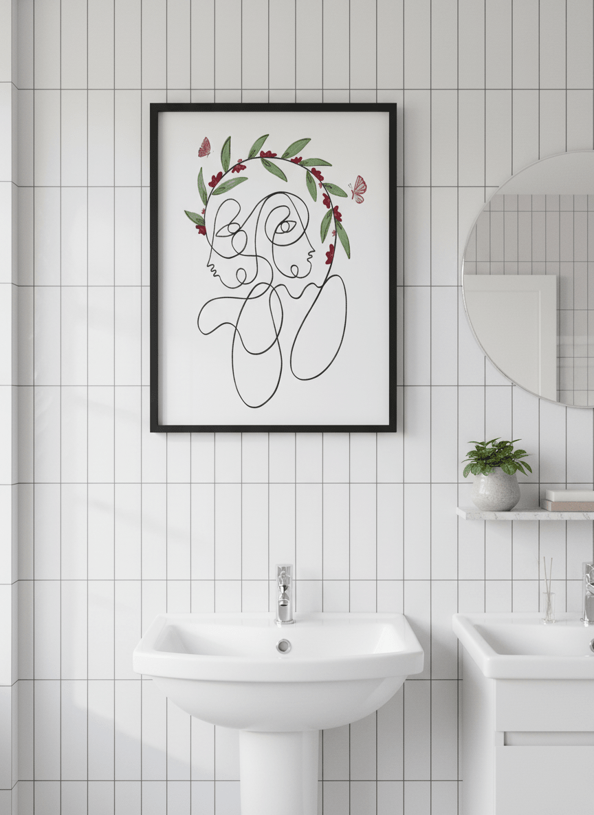 Modern print displayed in a clean minimalist bathroom setting