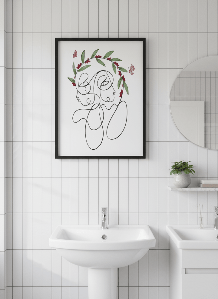 Modern print displayed in a clean minimalist bathroom setting