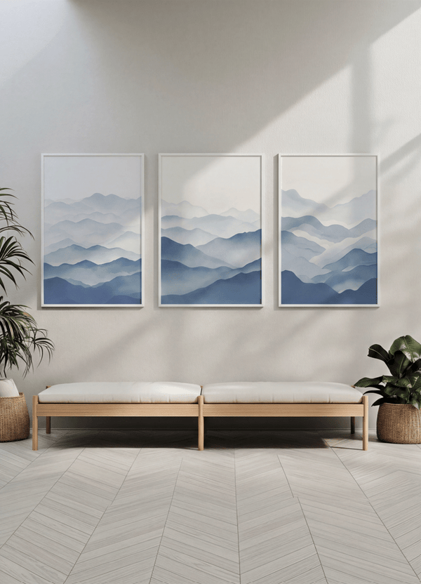 Blue Abstract Ocean Prints Set of 3 Coastal