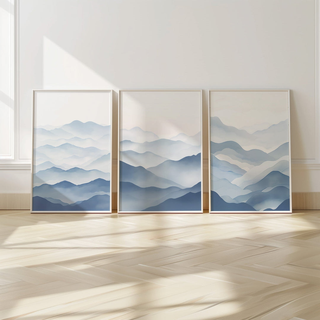 Blue Abstract Ocean Prints,gallery wall,study,white border