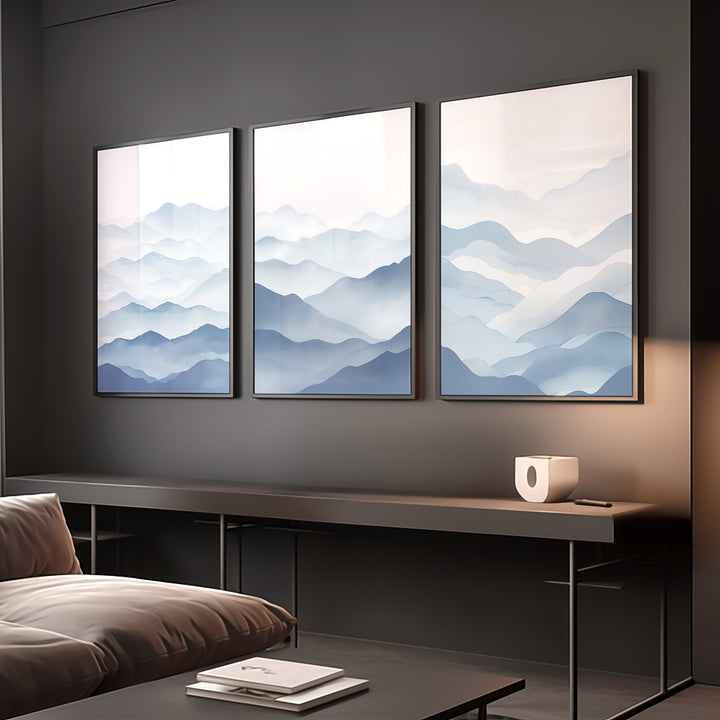 Blue Abstract Ocean Prints,gallery wall,study,black border