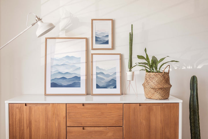 Blue Abstract Ocean Prints,gallery wall,study,timber border