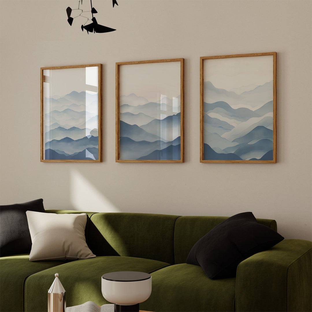 Blue Abstract Ocean Prints,gallery wall,study,timber border