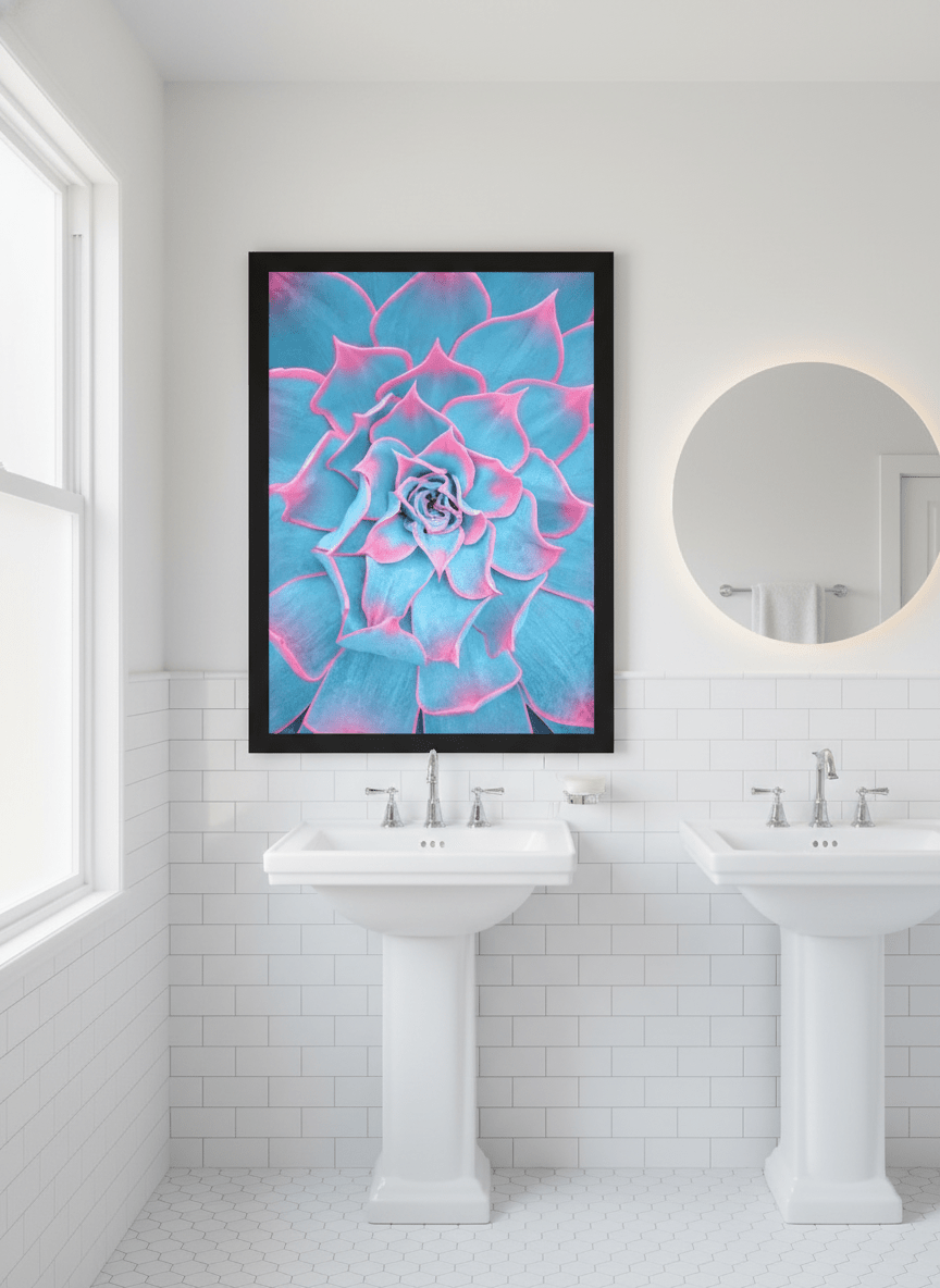 Modern print displayed in a clean minimalist bathroom setting