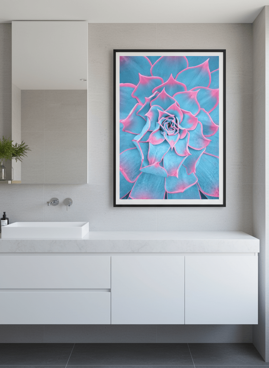 Modern print displayed in a clean minimalist bathroom setting