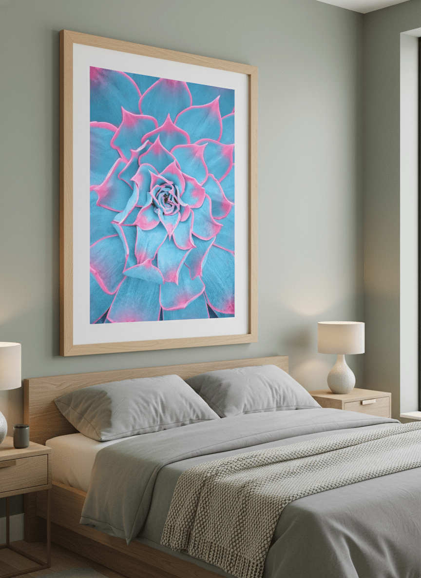 Minimalist artwork displayed in a calm, light-filled bedroom interior