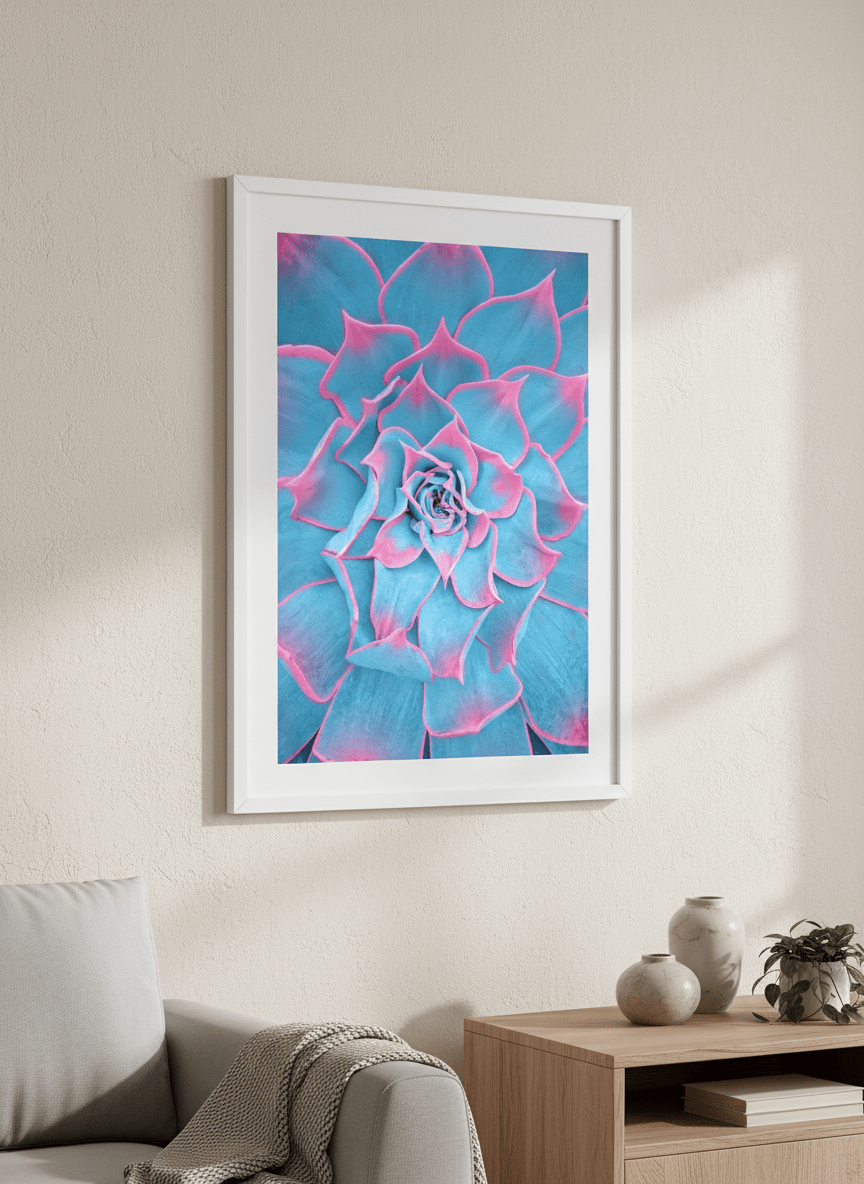 Modern wall art styled above a sofa in a neutral living room