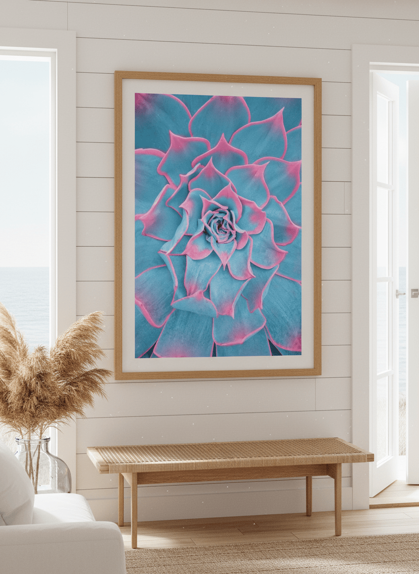 Neutral wall art displayed in a sunny coastal beach house