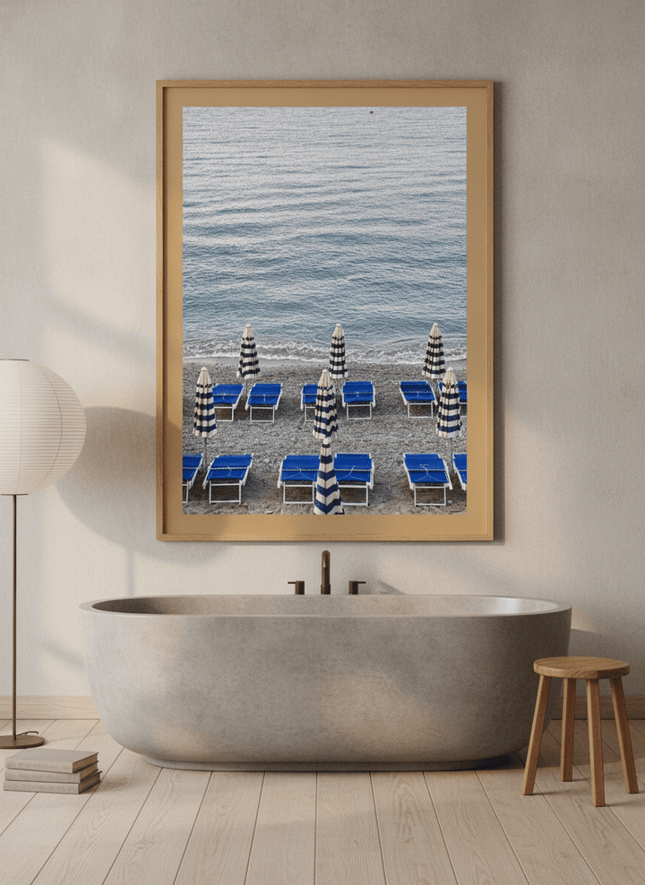 Modern wall art print styled on the wall in a warm Japandi bathroom