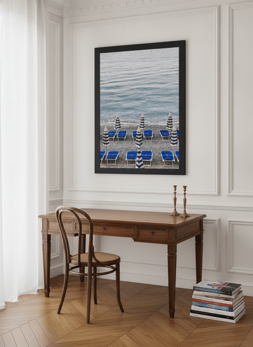 Modern wall art print styled on the wall in a Parisian home office