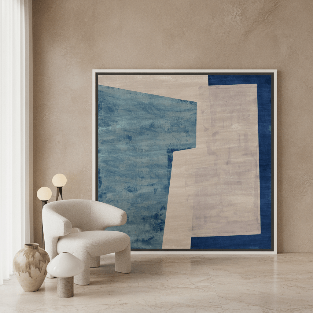 Oversized statement canvas wall art with a white surround leaning against the wall in a luxe dining room