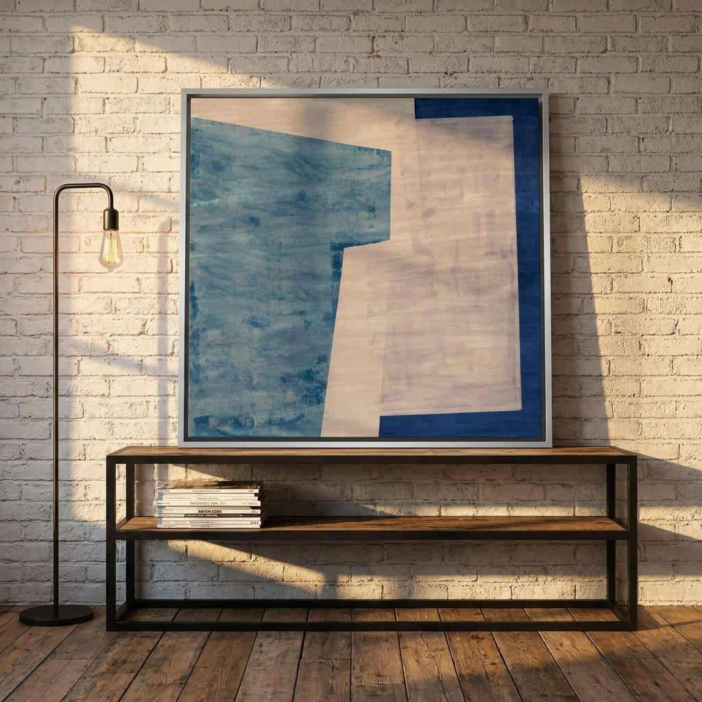 Canvas wall art with a silver leaf surround standing on a console in an industrial loft home office