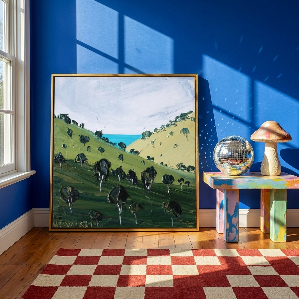 Canvas wall art with a gold leaf surround standing on a side table in a colourful eclectic living room