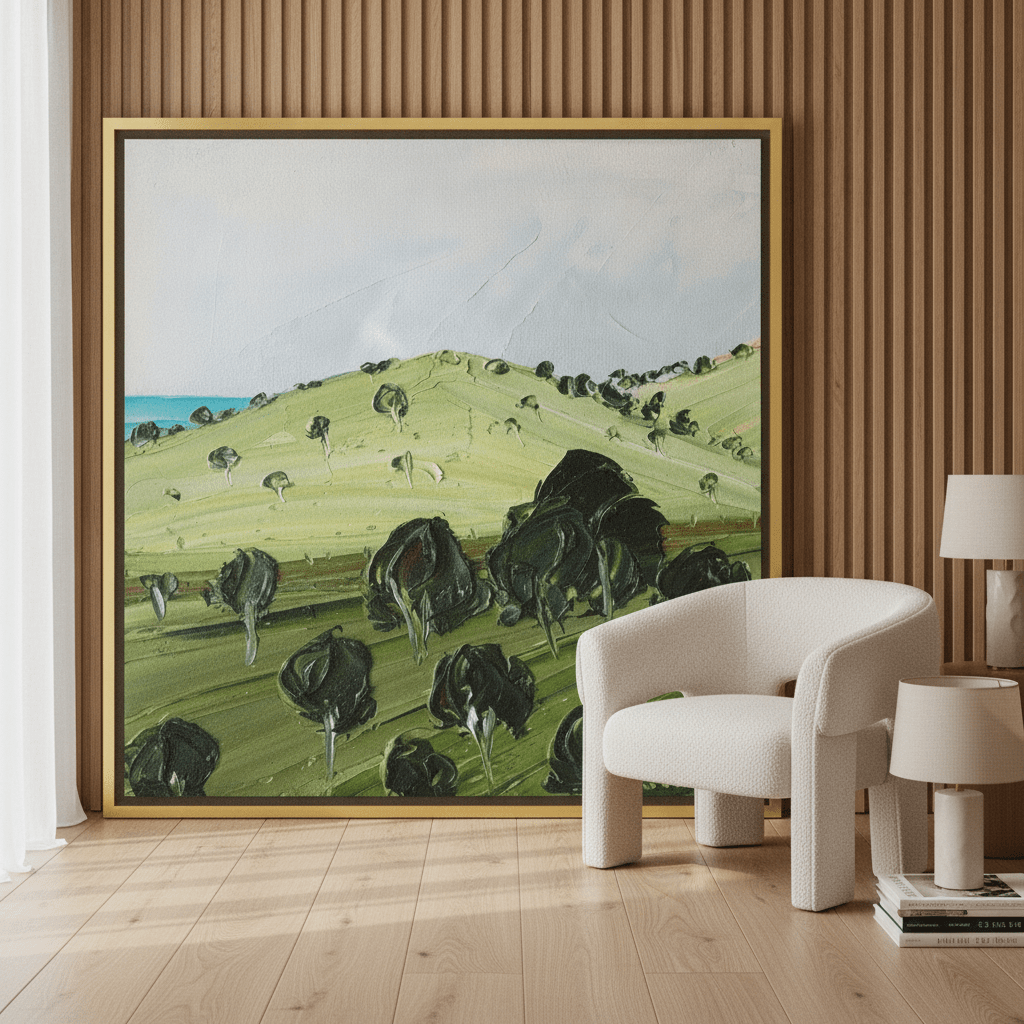 Oversized statement canvas wall art with a gold leaf surround leaning against the wall in a luxe bedroom