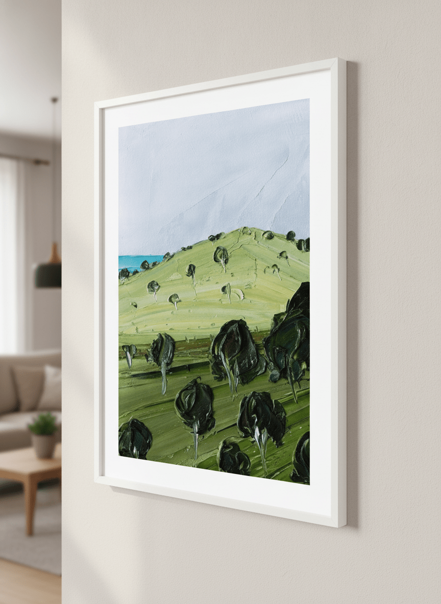 Modern wall art styled above a sofa in a neutral living room
