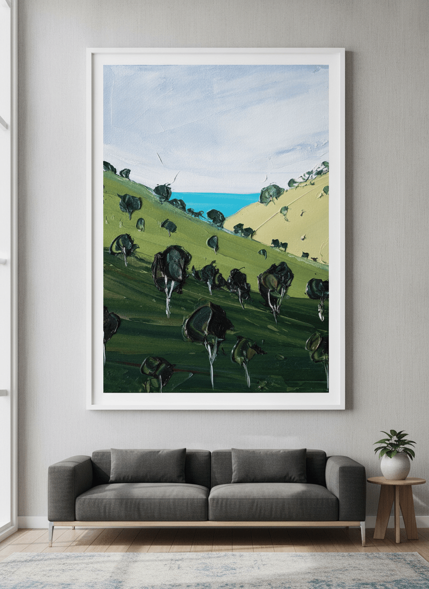 Modern wall art styled above a sofa in a neutral living room