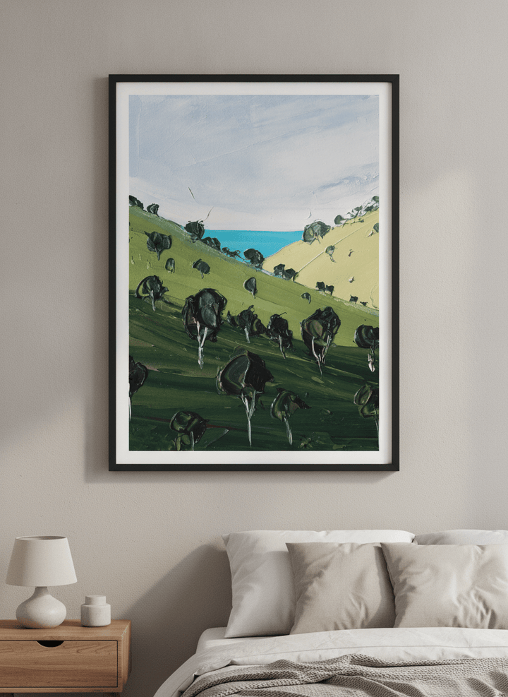 Minimalist artwork displayed in a calm, light-filled bedroom interior