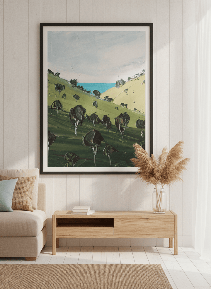 Neutral wall art displayed in a sunny coastal beach house