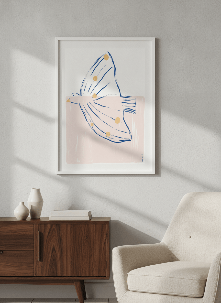 Modern wall art styled above a sofa in a neutral living room