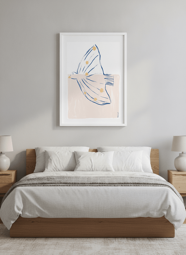Minimalist artwork displayed in a calm, light-filled bedroom interior