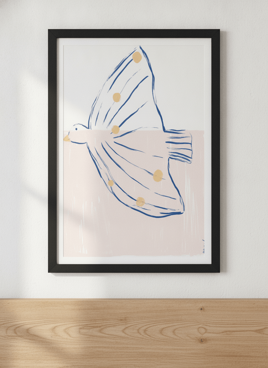 Minimalist artwork displayed in a calm, light-filled bedroom interior
